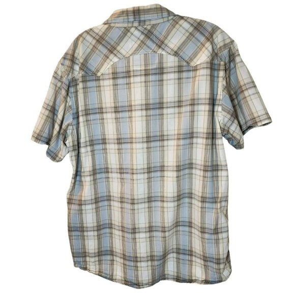 Levi’s XL Western Plaid Pearl Snap Short Sleeve Shirt Blue Tan Pre-owned - Picture 5 of 7
